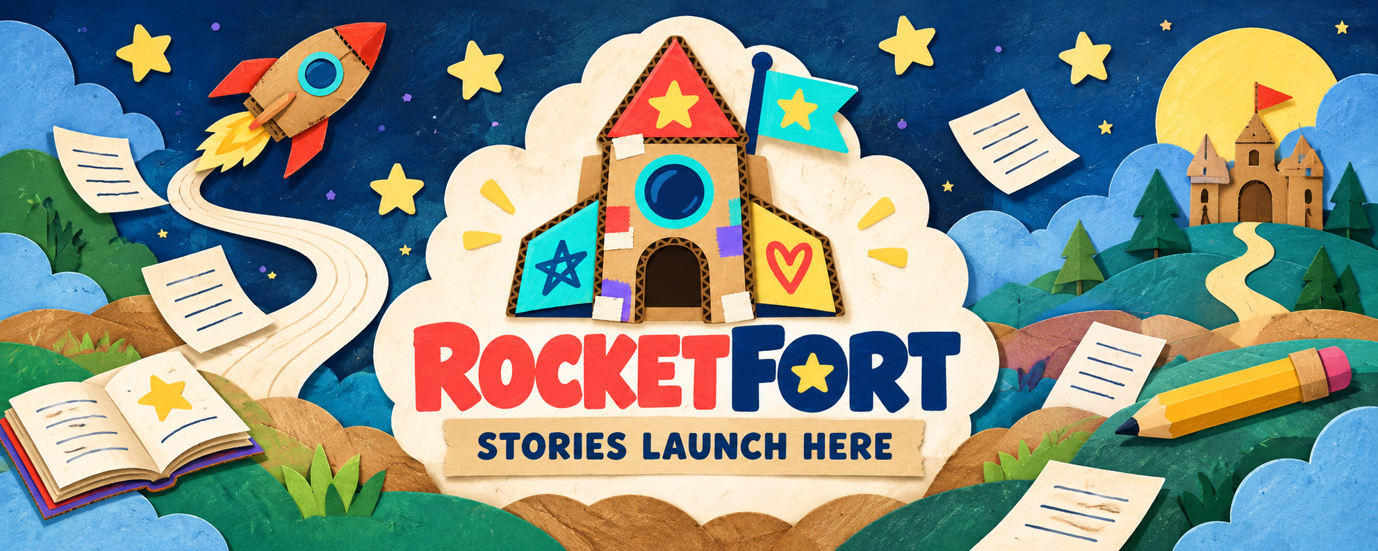 The colorful cardboard RocketFort surrounded by rockets, storybooks, and magical worlds. Stories Launch Here.